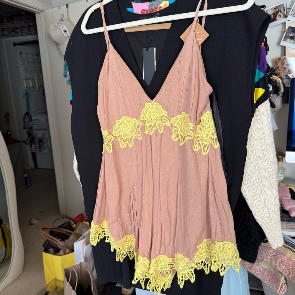 NBD Pink Romper with Yellow Lace Accents